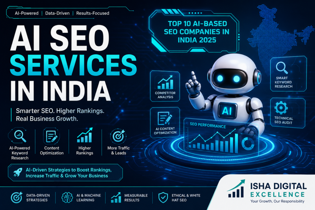 AI SEO Services in India with AI-powered SEO strategy, keyword research, technical SEO, and digital marketing dashboard.