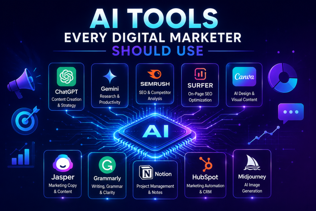 Best AI tools for digital marketing including ChatGPT, SEMrush, Canva AI, Surfer SEO, and HubSpot