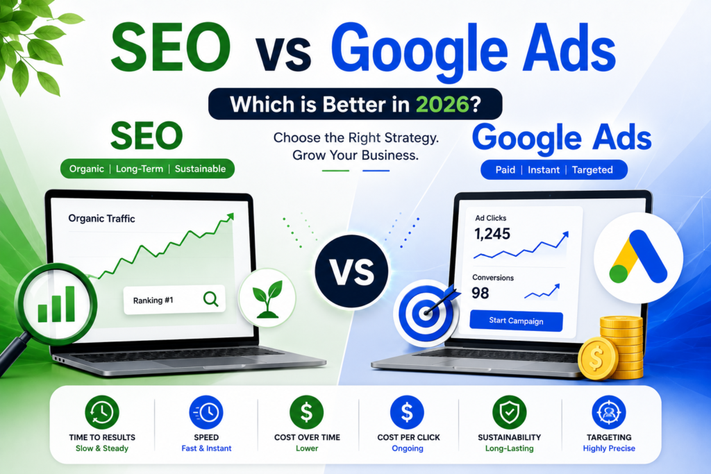 SEO vs Google Ads comparison infographic showing organic SEO and paid advertising benefits in 2026.